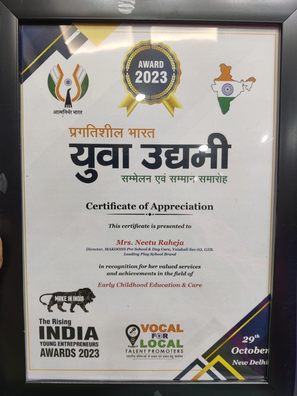 Makoons Play School in Vaishali & Krishna Nagar Triumphs at The Rising India Young Entrepreneur Awards 2023