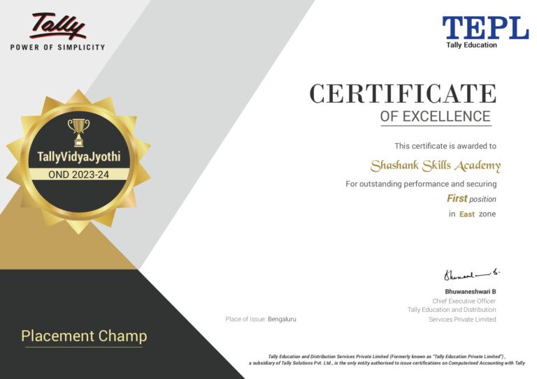 SHASHANK SKILLS ACADEMY HONORED WITH TALLYVIDYAJYOTHI PLACEMENT CHAMP AWARD BY TALLY EDUCATION- BENGALURU