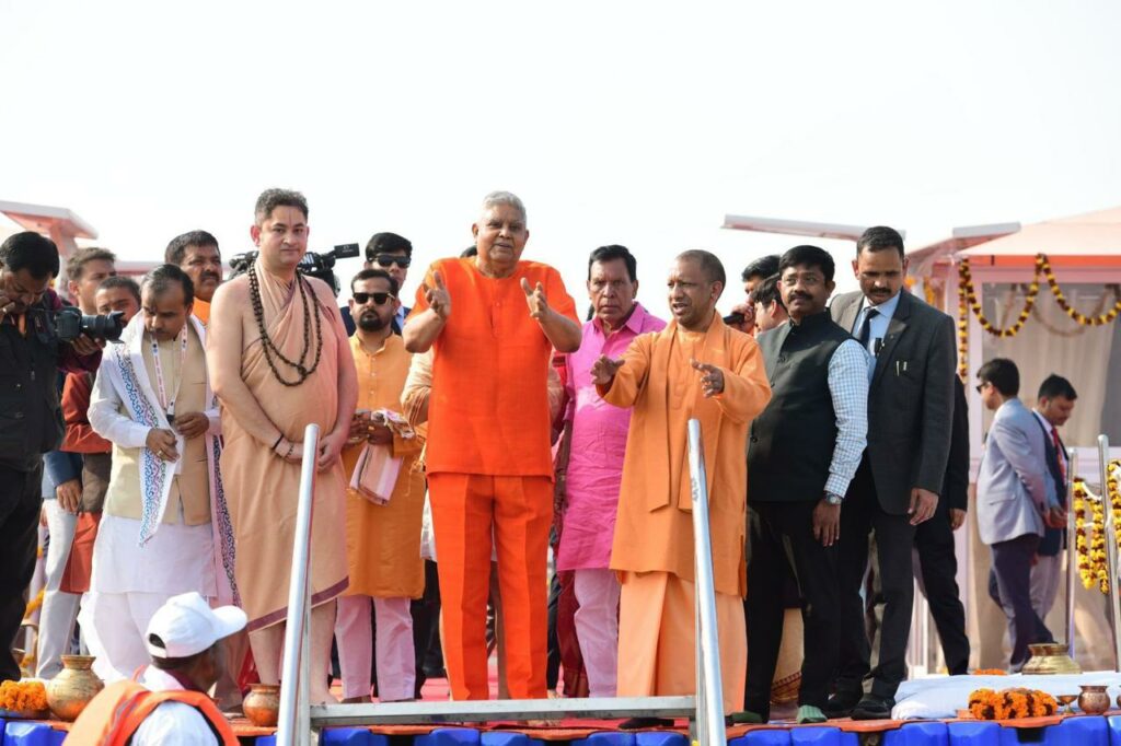 Vice President of India Takes a Holy Dip at Maha Kumbh 2025 with Shri Pundrik Goswami Ji Maharaj