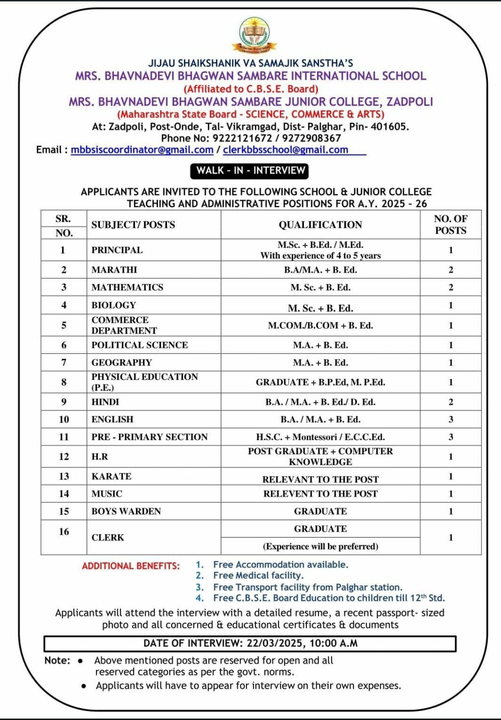 Jijau Shaikshanik Va Samajik Sanstha’s Bhavnadevi Bhagwan Sambare International School & Junior College Announces Walk-In Interviews for Teaching & Administrative Positions