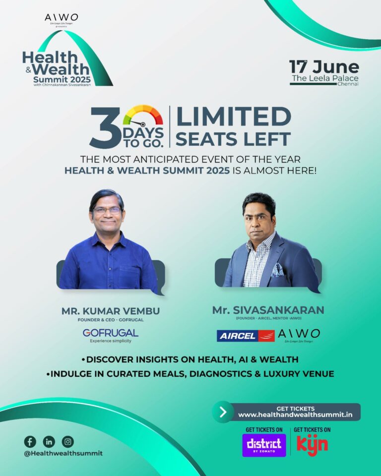 Join AIWO’s Health & Wealth Summit 2025 – India’s definitive event on Longevity, Vitality & Wealth | June 17 | The Leela Palace, Chennai