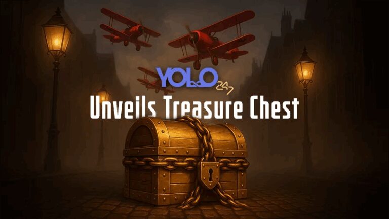 Mysterious golden chest with lock and chain under misty light, red planes above, YOLO247 logo teasing a big surprise