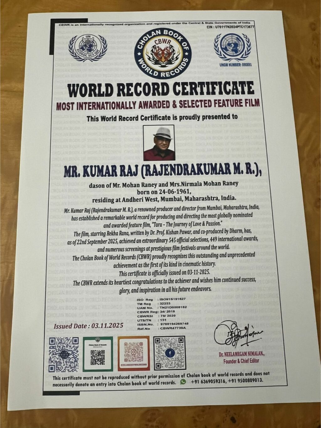 Kumar Raj Enters Cholan Book of World Records for Extraordinary Global Cinematic Triumph