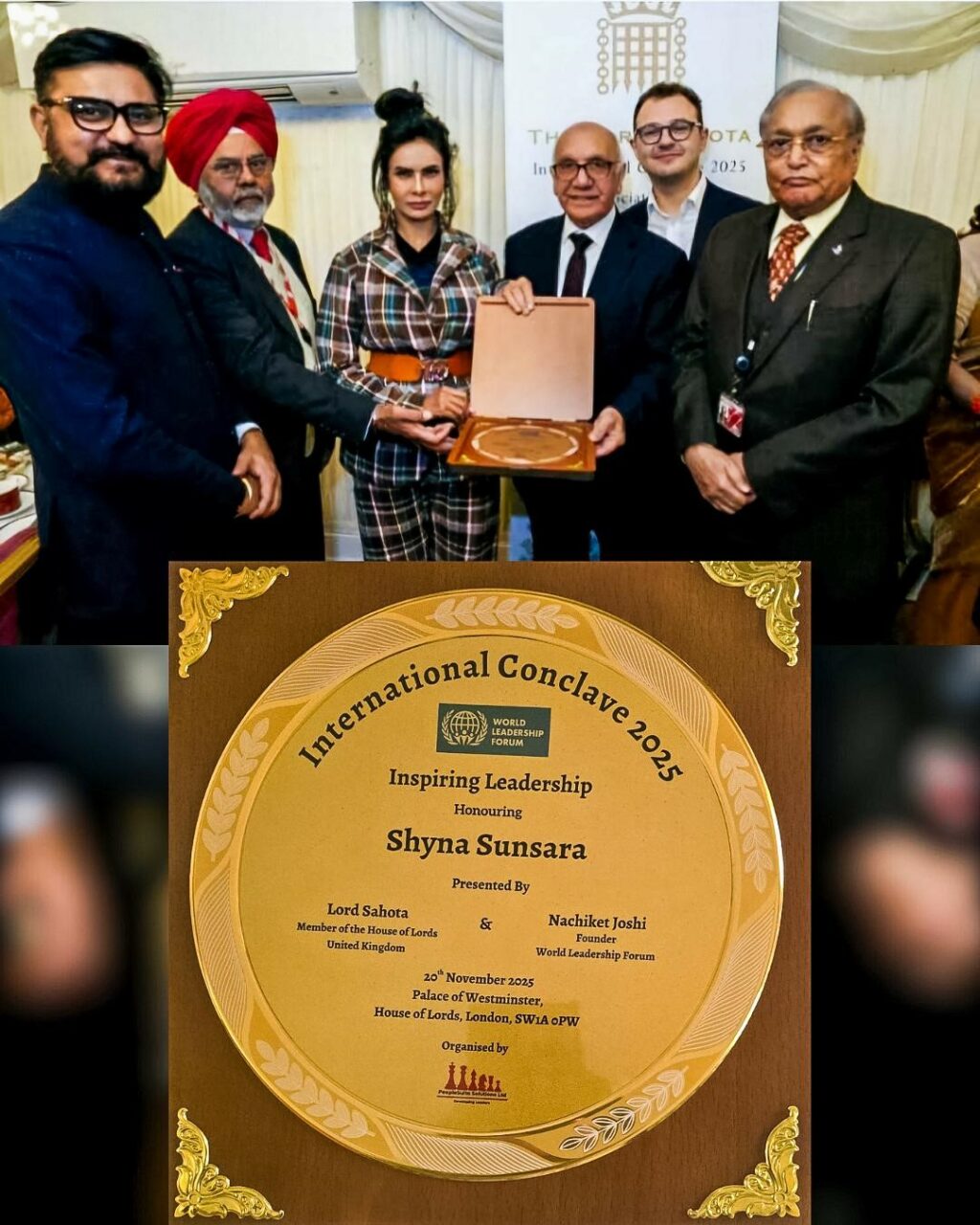 World Leadership Forum honored Ms. Shyna Sunsara, twin sister of Col. Sofiya Qureshi, Leadership Award at House of Lords, London.