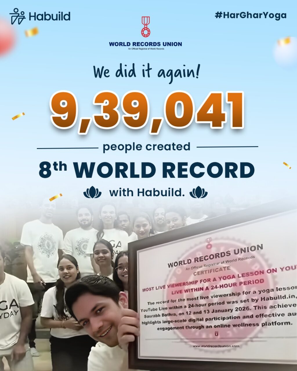 Habuild Achieves 8th World Record for Global Yoga Viewership, Announces Construction of A School Initiative
