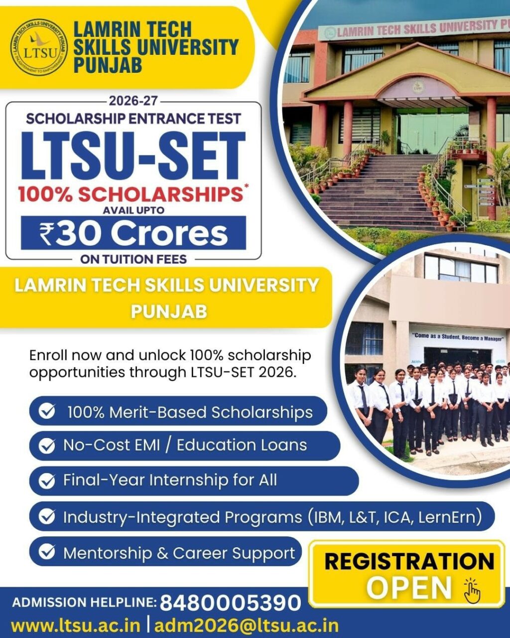 Lamrin Tech Skills University Punjab(LTSU) — Admissions Open for AY 2026–2027; ₹30 Crore Merit Scholarships Announced