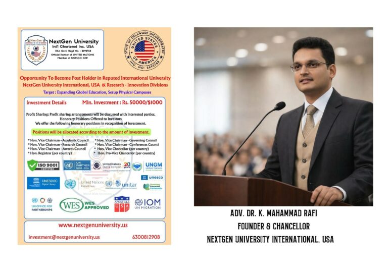 NextGen University International, USA: Globally Recognized Online Education with United Nations & UNESCO Engagement founded by a Leader Dr K Mahammad Rafi