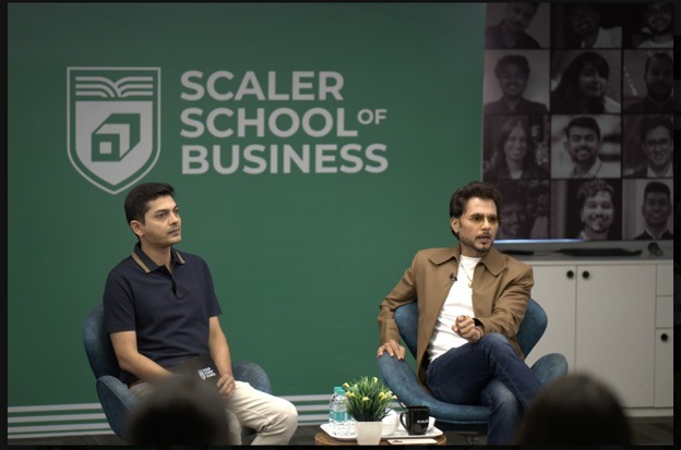 caption for the image: L-R: Vidit Jain, SVP, Head of Scaler School; Anupam Mittal, Founder, Shaadi.com, Angel Investor.