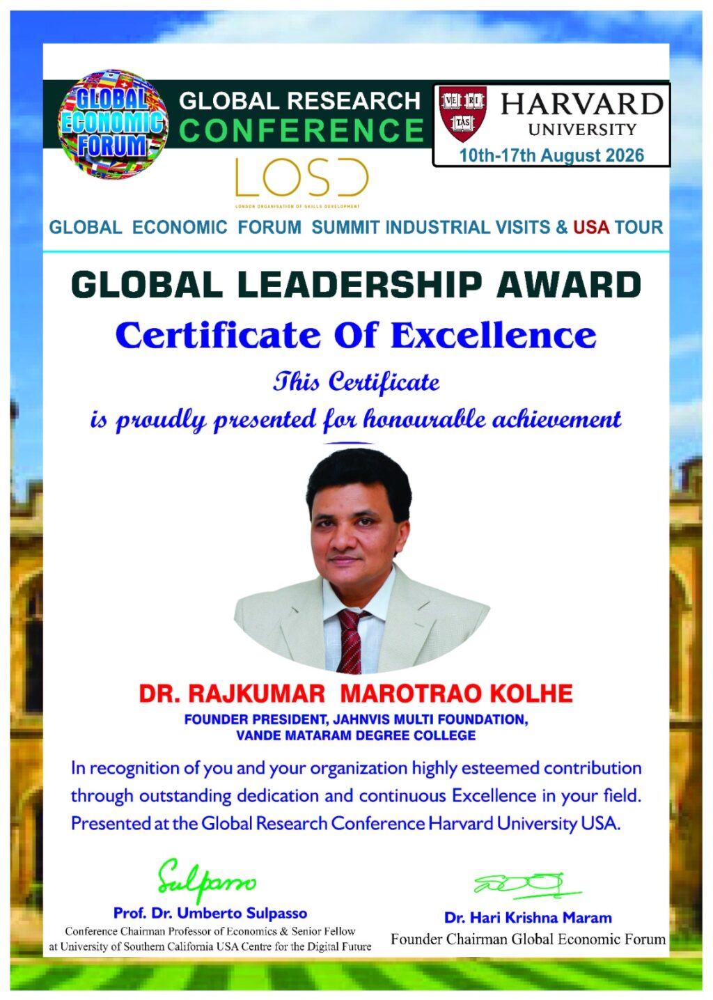 Dr. Rajkumar M. Kolhe Brings Visionary Educational Leadership and Global Experience to Harvard University