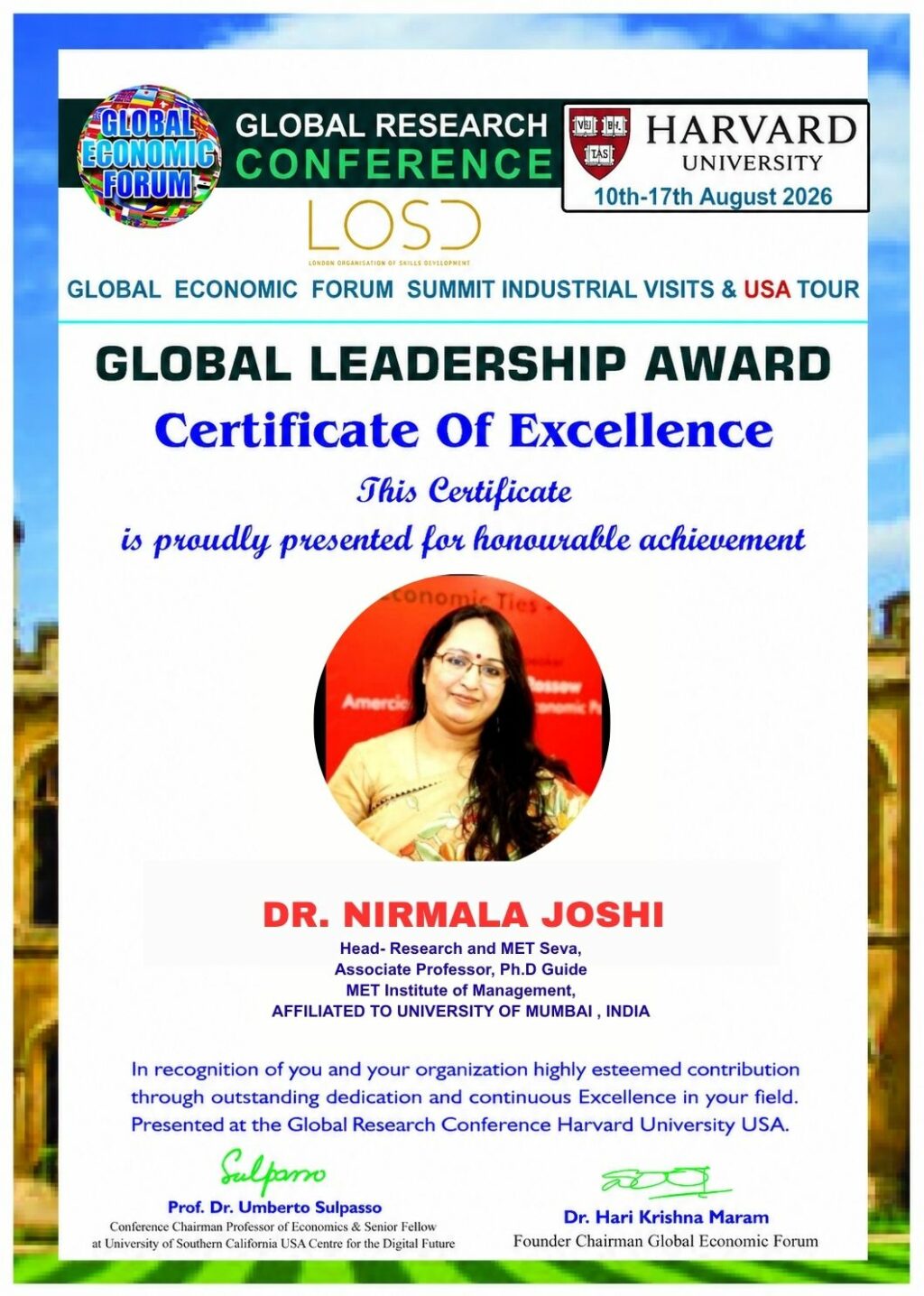 Dr. Nirmala Joshi Brings Academic and Research Excellence to Global Platform at Harvard University