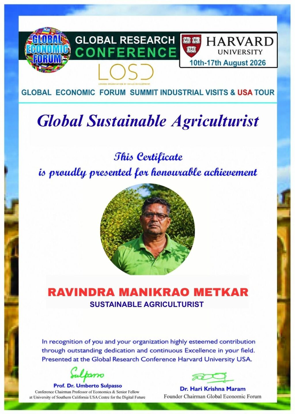 Mr. Ravindra Manikrao Metkar Brings Resilience, Agricultural Vision and Transformative Leadership to the Global Stage