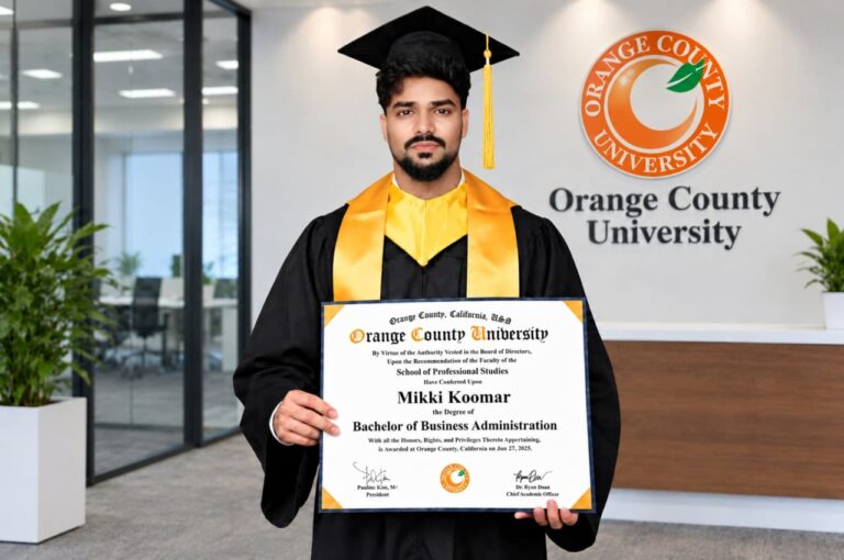 Mikki Koomar Reaches New Academic Milestone with BBA Graduation, as Orange County University CAO Dr. Ryan Doan Extends Special Congratulations