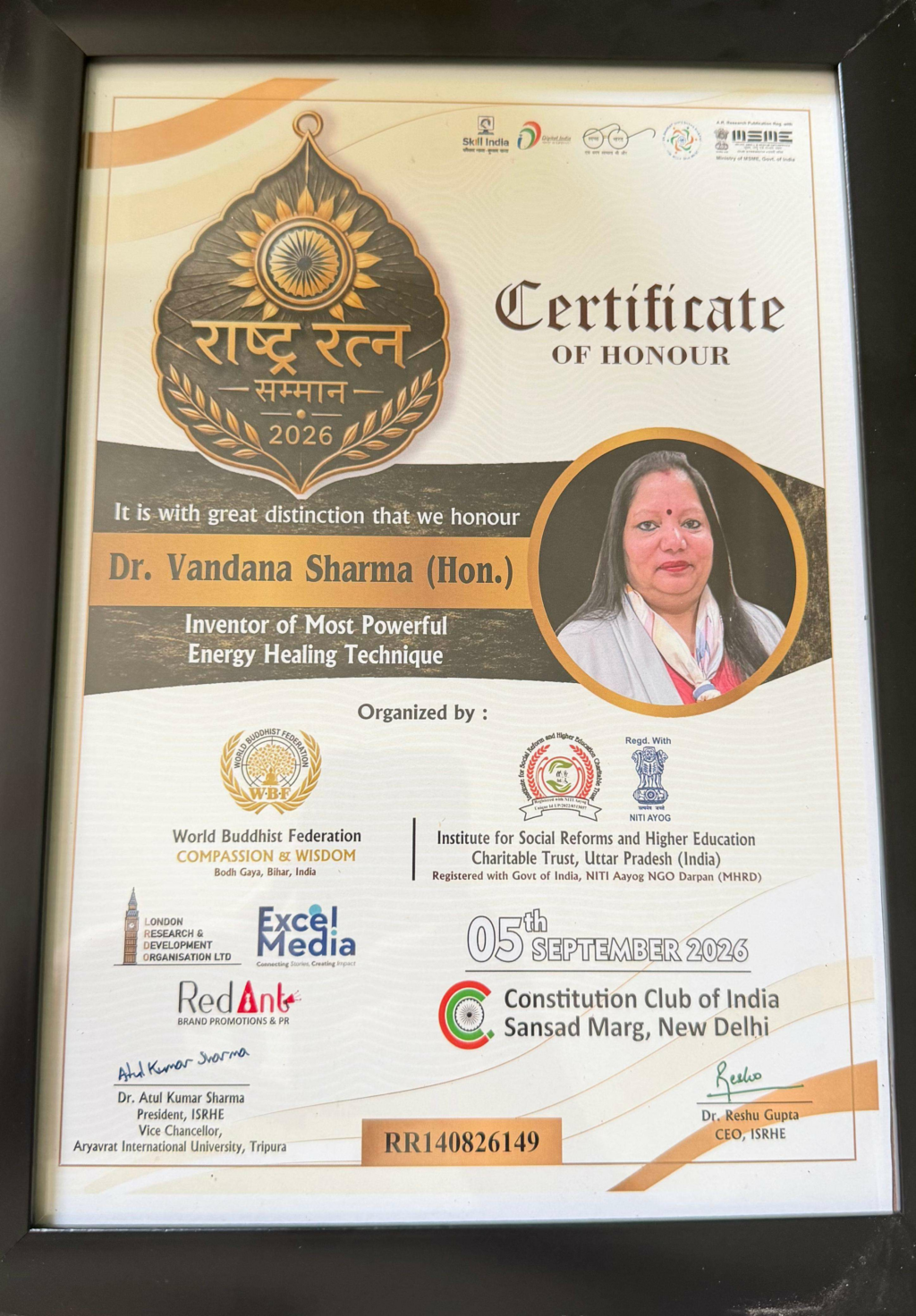 Dr. Vandana Sharma (Hon.) Honoured with Rashtra Ratna Samman 2026 for Her Invention in Energy Healing