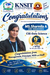 KNSIT Student Secures 9th Rank in VTU: Sharmila A Brings Pride to the Institution