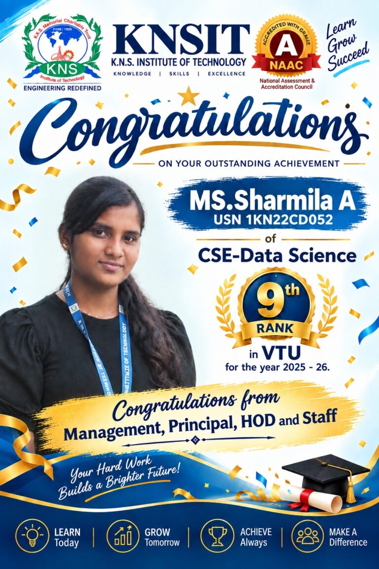 KNSIT Student Secures 9th Rank in VTU: Sharmila A Brings Pride to the Institution