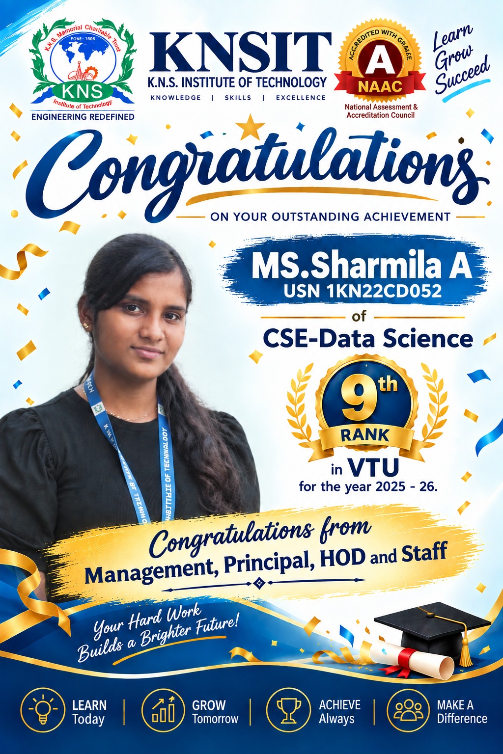 KNSIT Student Secures 9th Rank in VTU: Sharmila A Brings Pride to the Institution