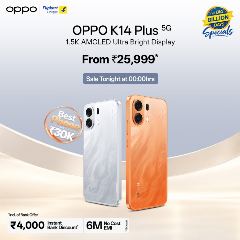 OPPO K14 Plus Goes on Sale During Flipkart Big Billion Days from 8th October, Starting at an Effective Price of 25,999