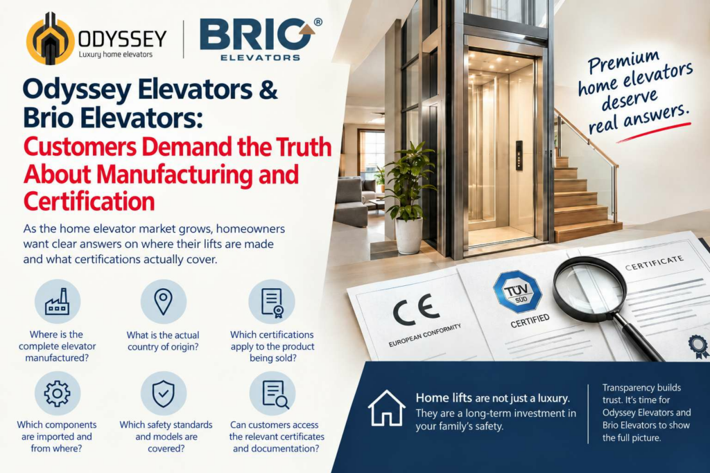Odyssey Elevators & Brio Elevators: Customers Demand the Truth About Manufacturing and Certification
